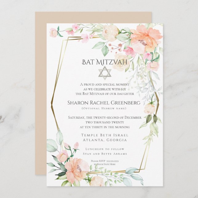 Convite BAT MITZVAH | Flores de Primavera de Aquarela Vers (Frente/Verso)