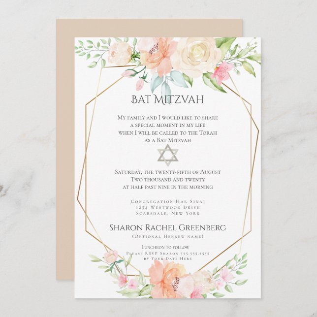Convite BAT MITZVAH | Flores de Primavera de Aquarela Vers (Frente/Verso)