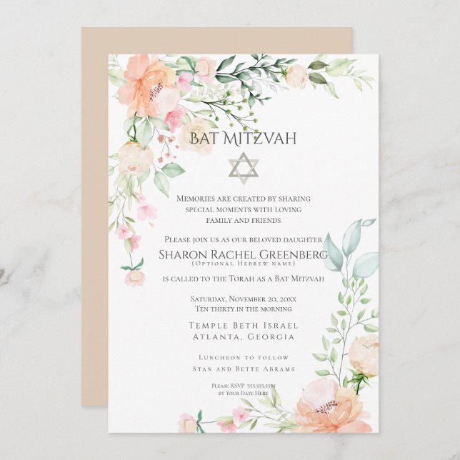 Convite BAT MITZVAH | Flores de Primavera de Aquarela Vers (Frente/Verso)