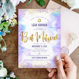 Convite Bat Mitzvah folha de ouro e água-marinha moderna r