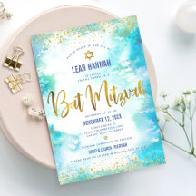 Bat Mitzvah Folha Dourada Turquesa Aquarela Modern