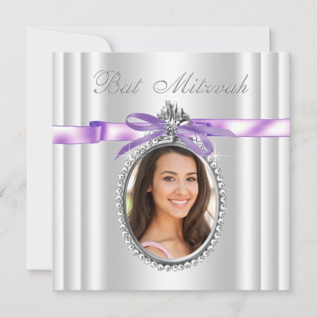 Convite Bat Mitzvah Foto Roxo Lavanda (Frente)