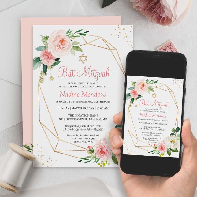 Convite Bat Mitzvah | Geométrico Blush Pink Floral (The customizable template allows you to add your personal touch using Zazzle's design tool.)