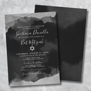 Convite Bat Mitzvah Girl Black Silver Watercolor