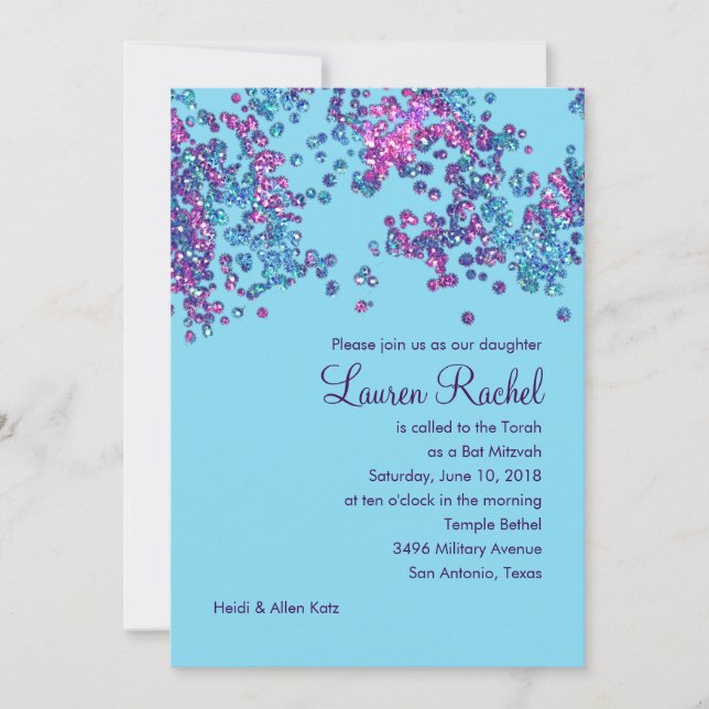 Convite Bat Mitzvah Glittery Confetti Design (Frente)