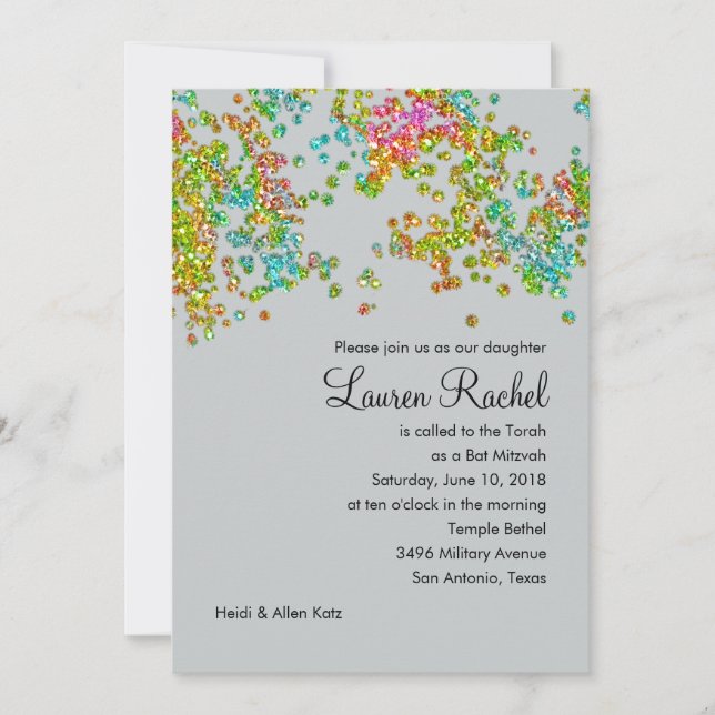Convite Bat Mitzvah Glittery Confetti Design (Frente)