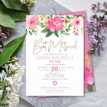 Convite Bat Mitzvah Gold Script Pink Floral Watercolor<br><div class="desc">Be proud, rejoice and showcase this milestone of your favorite Bat Mitzvah with this sophisticated, personalized invitation! A chic, stunning, pink and peach floral watercolor with faux gold foil script typography modern dusty rose and gray san serif type overlays a white background. Additional watercolor flowers and a white Star of...</div>