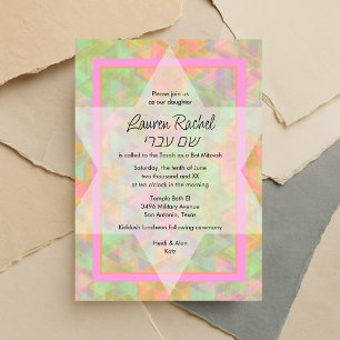 Convite Bat Mitzvah Green e Pink Star de David Pattern