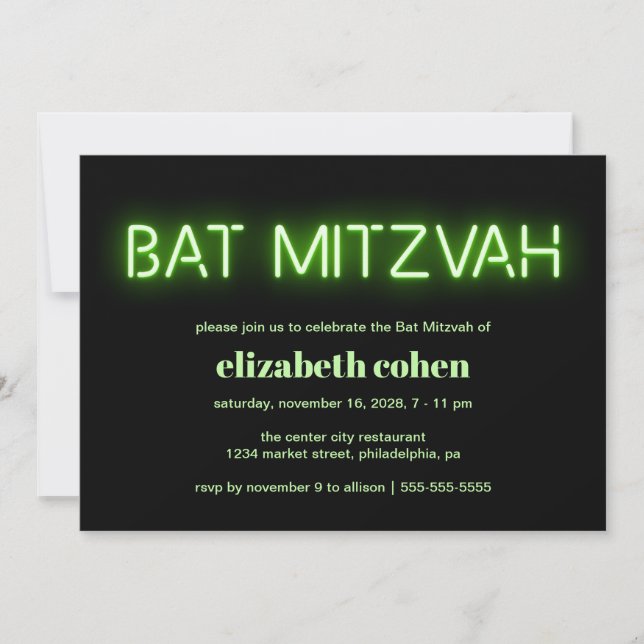 Convite Bat Mitzvah Green Neon Lights (Frente)