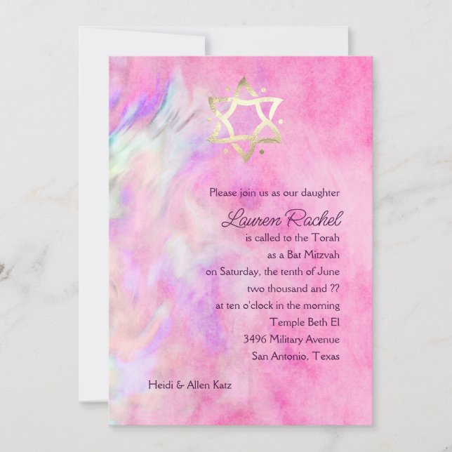 Convite Bat Mitzvah Hot Pink and Purple Tie Dye Design (Frente)