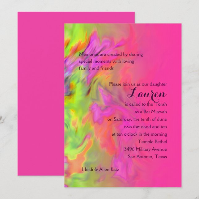 Convite Bat Mitzvah Hot Pink e Green Tie Dye (Frente/Verso)