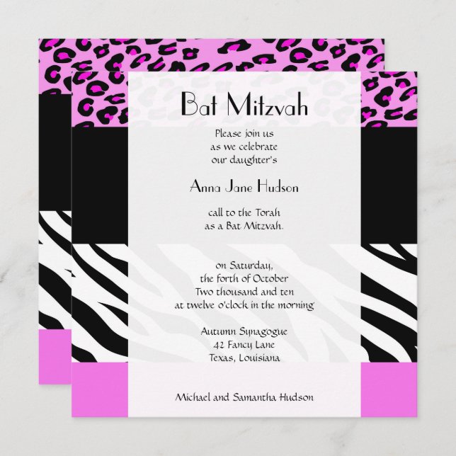 Convite Bat Mitzvah - Impressão Animal, Zebra, Leopardo -  (Frente/Verso)