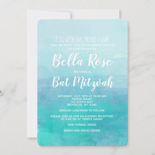 Convite Bat Mitzvah Invitation Blue Watercolor Ombre (Frente)