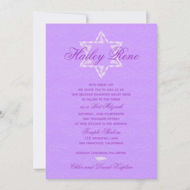Convite Bat Mitzvah Invitation Hailey com Damask Purple (Frente)