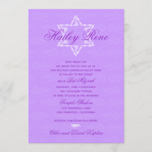 Convite Bat Mitzvah Invitation Hailey com Damask Purple