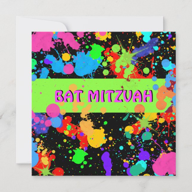 Convite Bat Mitzvah Invitation, Neon Paint Splatter (Frente)