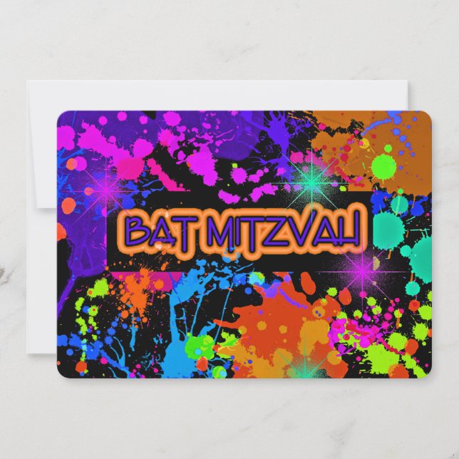 Convite Bat Mitzvah Invitation, Neon Paint Splatter (Frente)