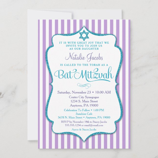 Convite Bat Mitzvah Invitation Purple Teal Elegant Stripe (Frente)