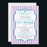 Convite Bat Mitzvah Invitation Purple Teal Elegant Stripe<br><div class="desc">Um convite elegante do Bat Mitzvah em roxo e lacre, com listras roxas e brancas e uma imagem de texto brilhante teal juntamente com uma estrela brilhante teal de David. O quadro de texto reluzente neste convite clássico e clássico do Bat Mitzvah apresenta uma sombra para dar uma aparência elevada....</div>
