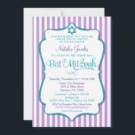 Convite Bat Mitzvah Invitation Purple Teal Elegant Stripe<br><div class="desc">Um convite elegante do Bat Mitzvah em roxo e lacre, com listras roxas e brancas e uma imagem de texto brilhante teal juntamente com uma estrela brilhante teal de David. O quadro de texto reluzente neste convite clássico e clássico do Bat Mitzvah apresenta uma sombra para dar uma aparência elevada....</div>