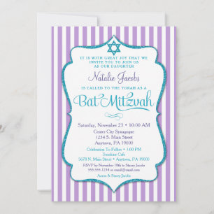 Convite Bat Mitzvah Invitation Purple Teal Elegant Stripe