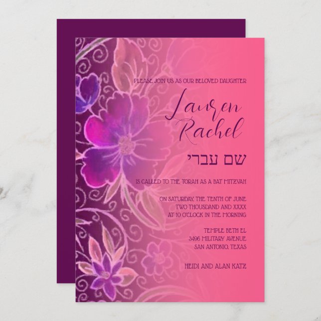 Convite Bat Mitzvah Invitation Sweet Floral Pink Purple (Frente/Verso)