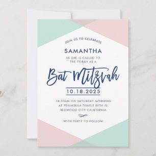 Convite BAT MITZVAH INVITE menta rosa pálida, com letra ma