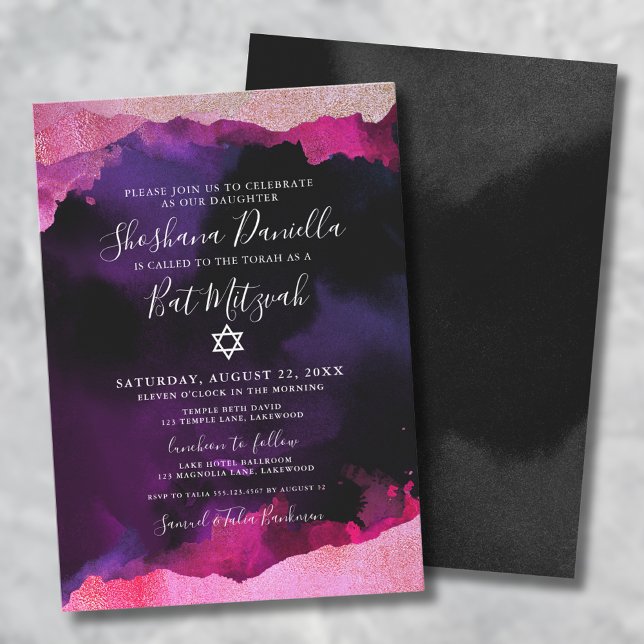 Convite Bat Mitzvah Judaica Aquarela Rosa (Pink Watercolor Jewish Bat Mitzvah Invitation)