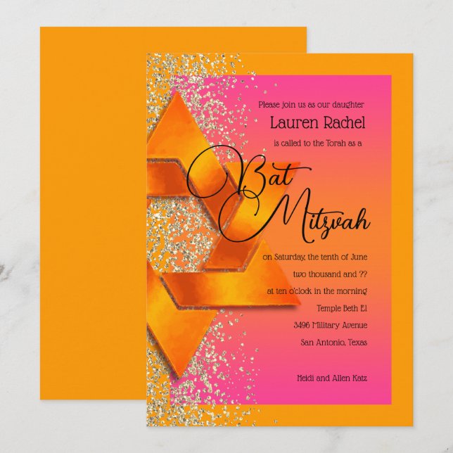 Convite Bat Mitzvah Laranja Cor-de-rosa Ombre Faux Dourada (Frente/Verso)
