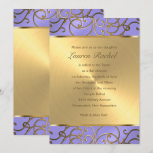 Convite Bat Mitzvah Lavanda Elegante Filigre Dourado Roxo