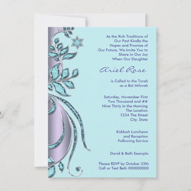 Convite Bat Mitzvah Lavanda Roxa e Azul Turquesa (Frente)