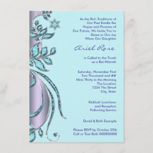 Convite Bat Mitzvah Lavanda Roxa e Azul Turquesa