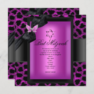 Convite Bat Mitzvah Leopard Borboleta Rosa
