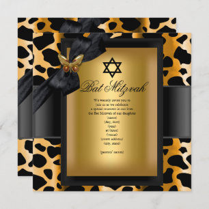 Convite Bat Mitzvah Leopard Dourada Borboleta Preta