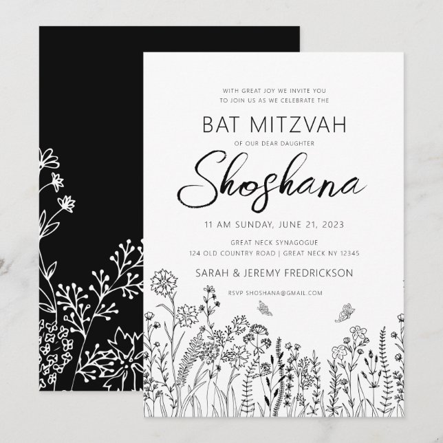 Convite Bat Mitzvah LETRA HEBRAICA MANUSCRITA Floral (Frente/Verso)