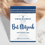 Convite Bat Mitzvah Marinho Blue Script Simple Modern Tall<br><div class="desc">Tenha orgulho, alegria e mostre este marco do seu Bat Mitzvah favorito! Enviar este convite legal, único, moderno e personalizado para um evento que se lembre. A tipografia de escrita azul-marinho, estrela de David e um talento gráfico listrado azul-marinho e prateado inspiraram uma camada gráfica simples e branca. Personalize o...</div>