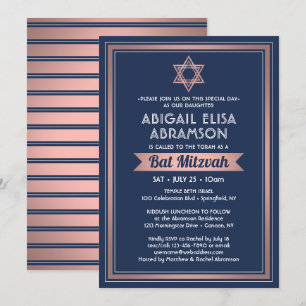 Convite Bat Mitzvah Marinho Moderno Cor Azul Rosa Dourada