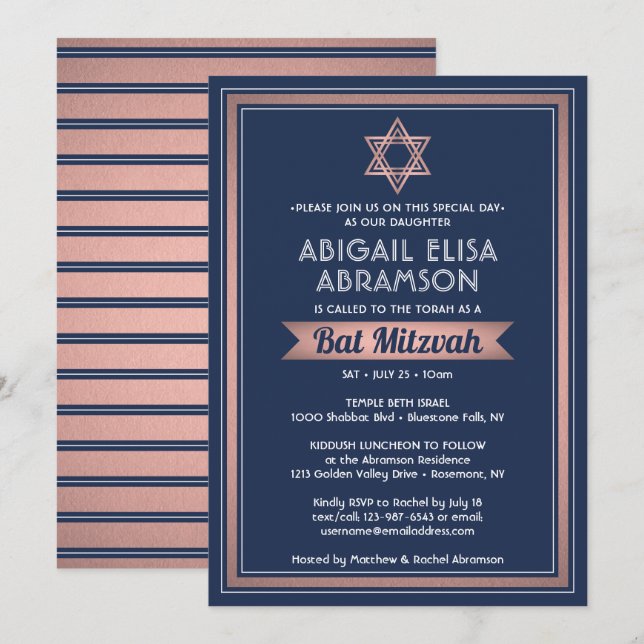 Convite Bat Mitzvah Marinho Moderno Cor Azul Rosa Dourada  (Frente/Verso)