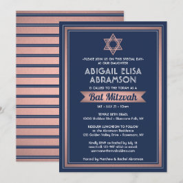 Convite Bat Mitzvah Marinho Moderno Cor Azul Rosa Dourada 