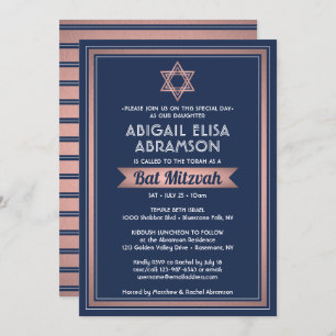 Convite Bat Mitzvah Marinho Moderno Cor Azul Rosa Dourada 