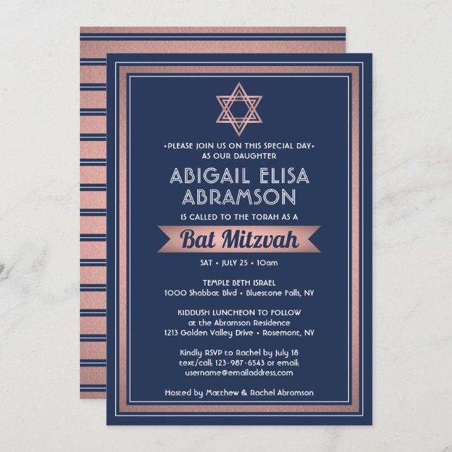 Convite Bat Mitzvah Marinho Moderno Cor Azul Rosa Dourada  (Frente/Verso)
