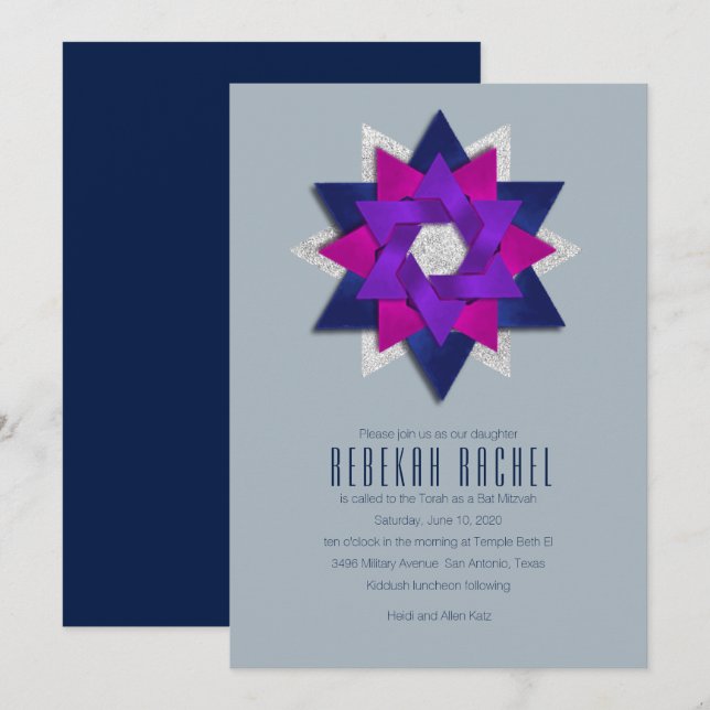 Convite Bat Mitzvah Marinho Rosa Púrpura Flor Estrela (Frente/Verso)