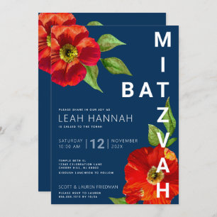 Convite Bat Mitzvah Marinho Vermelho Azul Floral Moderna