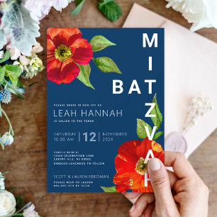 Convite Bat Mitzvah Marinho Vermelho Azul Floral Moderna