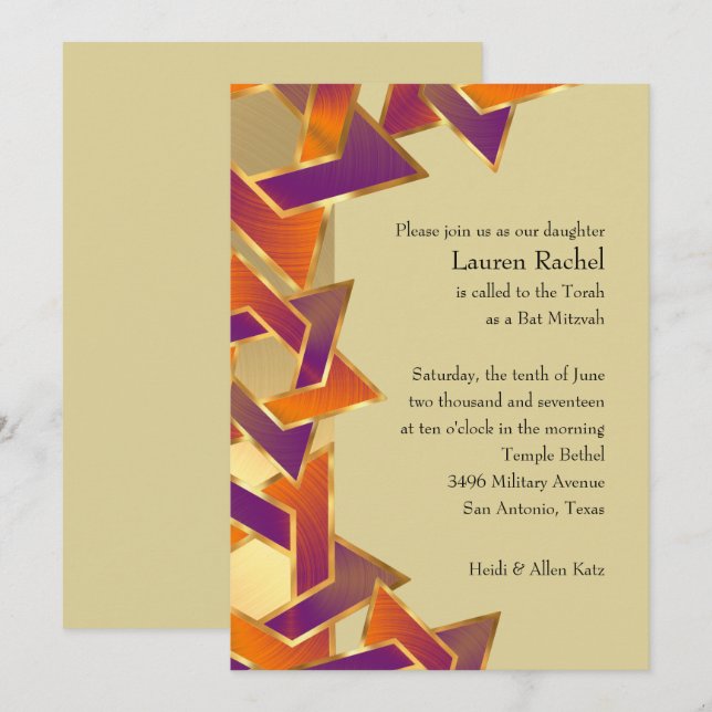 Convite Bat Mitzvah Metallic Look Star de David (Frente/Verso)