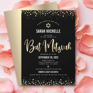Convite Bat Mitzvah Modern Black Glitter Script de Folha 