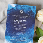 Convite Bat Mitzvah Modern Blue Watercolor<br><div class="desc">Composto por uma escrita lúdica e por tipografia serifônica; Tudo contra um pano de fundo azul de aquarela. Este foi projetado por materiais de terceiros selecionados,  exclusivos para o Zazzle. Disponível aqui: http://www.zazzle.com/selectpartysupplies</div>