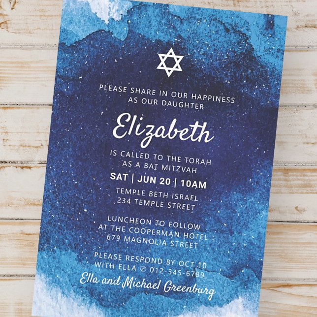 Convite Bat Mitzvah Modern Blue Watercolor (Criador carregado)