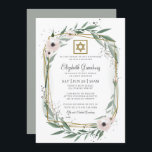 Convite Bat Mitzvah Modern Geometric Floral Star de David<br><div class="desc">O Design é composto de delicados botânicos florais de cor aquosa e folhagem verde de folha verde sobre um fundo branco simples. Uma estrela simples de David adorna a estrutura geométrica. 

Disponível aqui:http://www.zazzle.com/store/selectpartysupplies</div>