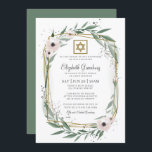Convite Bat Mitzvah Modern Geometric Floral Star de David<br><div class="desc">O Design é composto de delicados botânicos florais de cor aquosa e folhagem verde de folha verde sobre um fundo branco simples. Uma estrela simples de David adorna a estrutura geométrica. 

Disponível aqui:http://www.zazzle.com/store/selectpartysupplies</div>